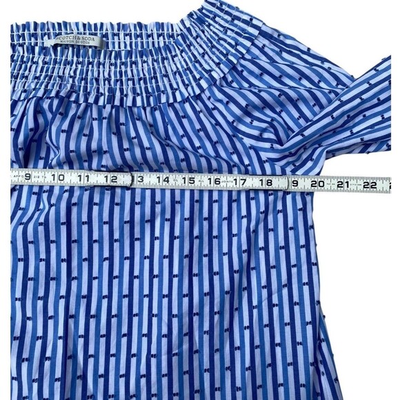 Chic Bardot Blouse Blue White Stripe Off Shoulder Smocked Tie Sleeve Top S - Picture 10 of 16